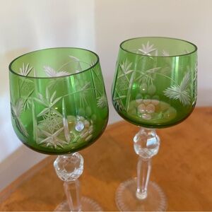 Pair of vintage Ajka Marsala, emerald hand cut to clear crystal wine glasses